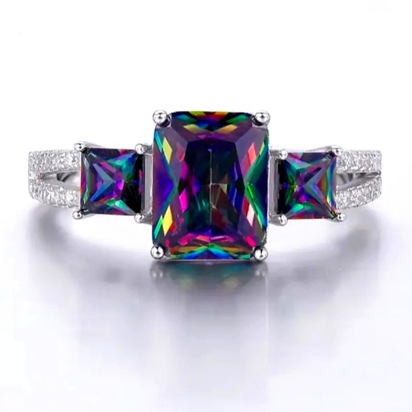 S92.5 Solid Sterling Silver LC Rainbow Mystic Topaz Ring - Picture 4 of 5